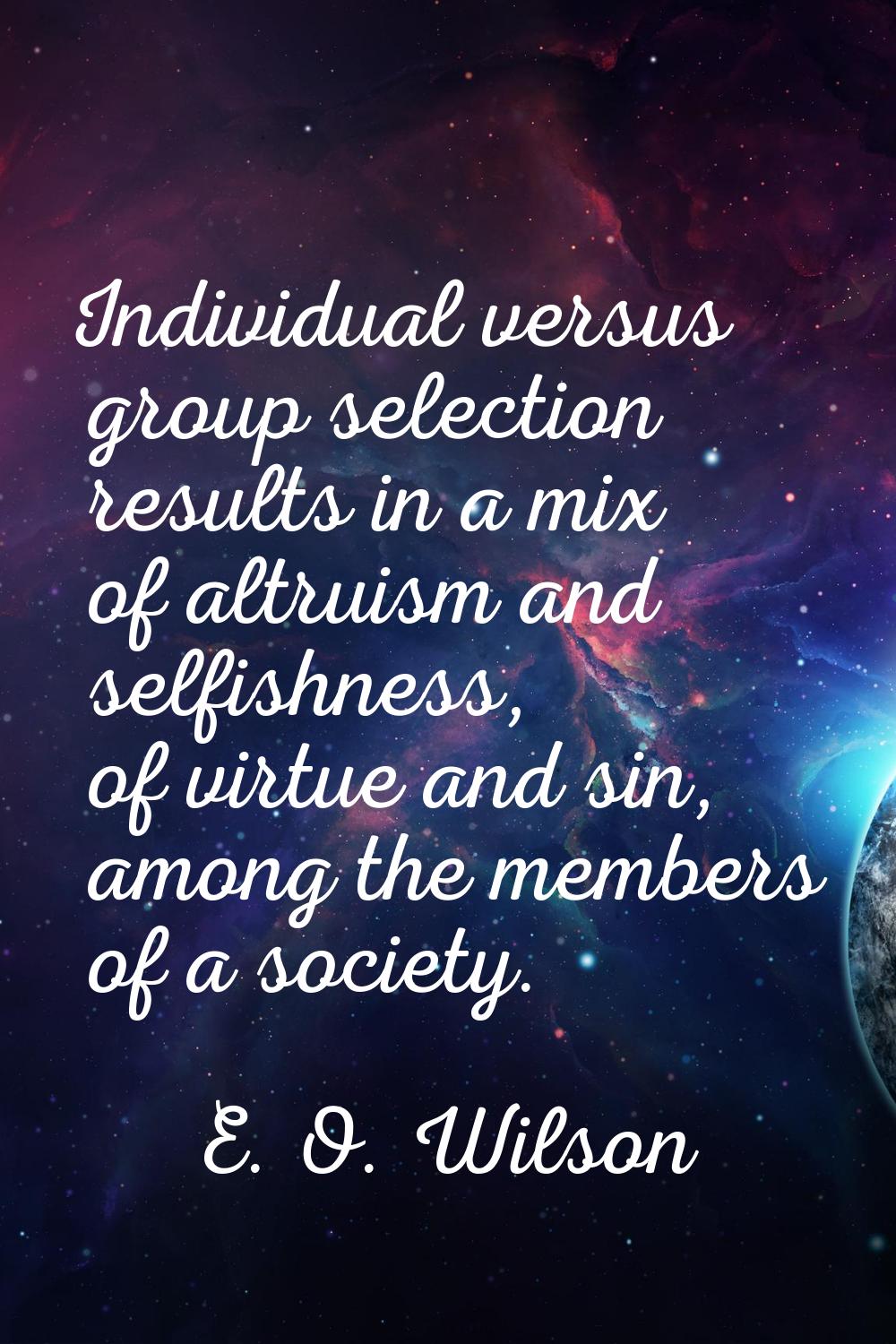 Individual versus group selection results in a mix of altruism and selfishness, of virtue and sin, 