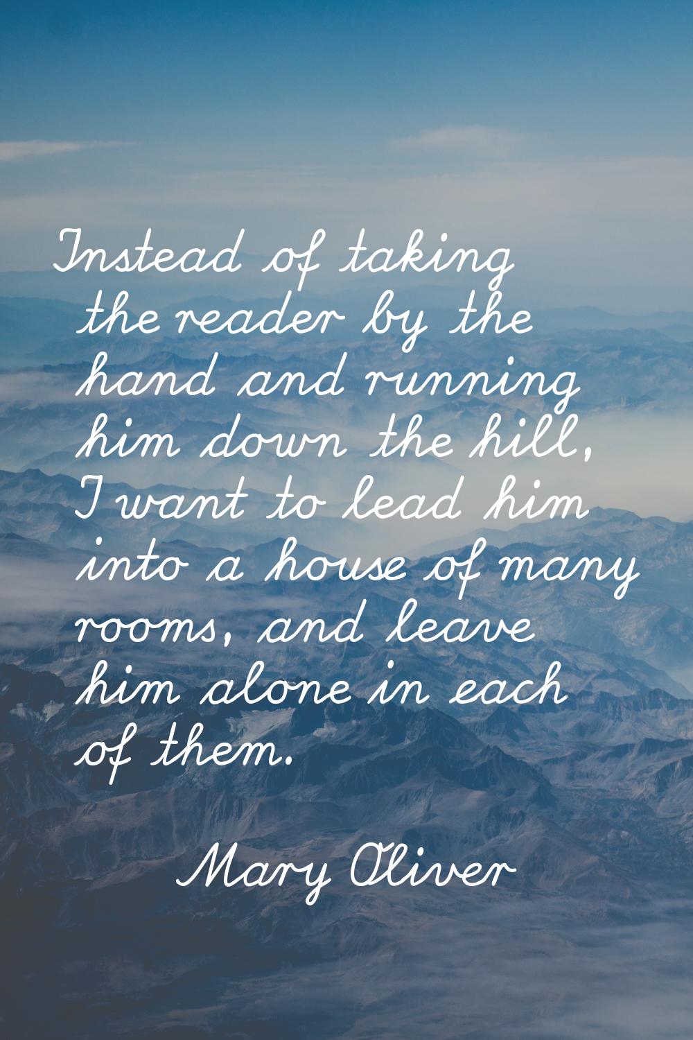 Instead of taking the reader by the hand and running him down the hill, I want to lead him into a h