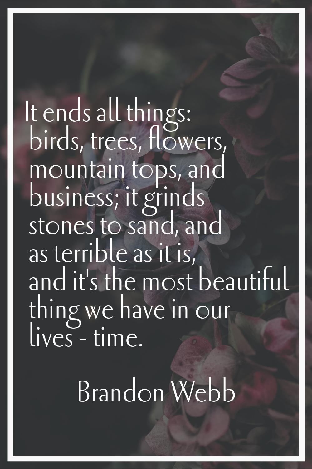 It ends all things: birds, trees, flowers, mountain tops, and business; it grinds stones to sand, a