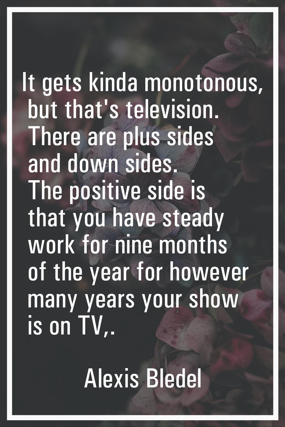 It gets kinda monotonous, but that's television. There are plus sides and down sides. The positive 