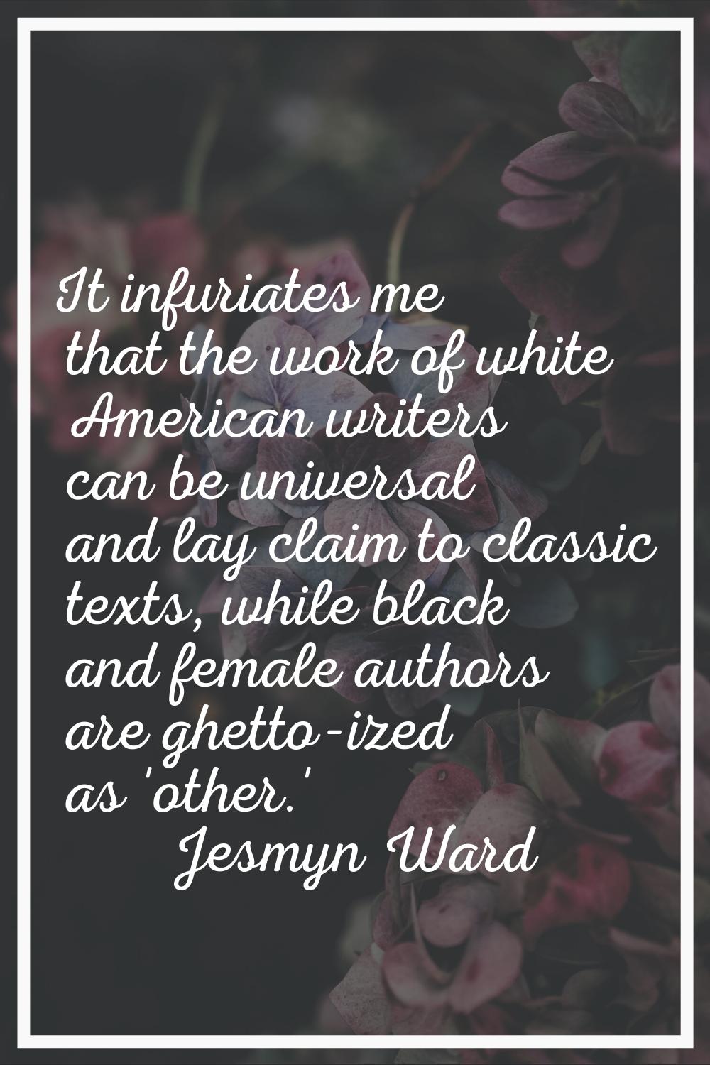 It infuriates me that the work of white American writers can be universal and lay claim to classic 