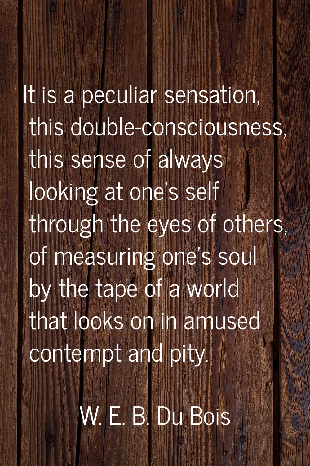 It is a peculiar sensation, this double-consciousness, this sense of always looking at one's self t