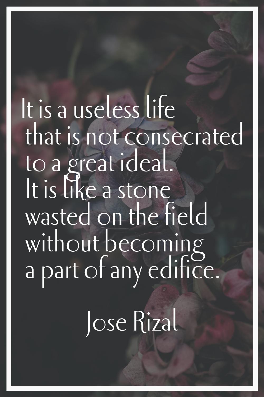 It is a useless life that is not consecrated to a great ideal. It is like a stone wasted on the fie