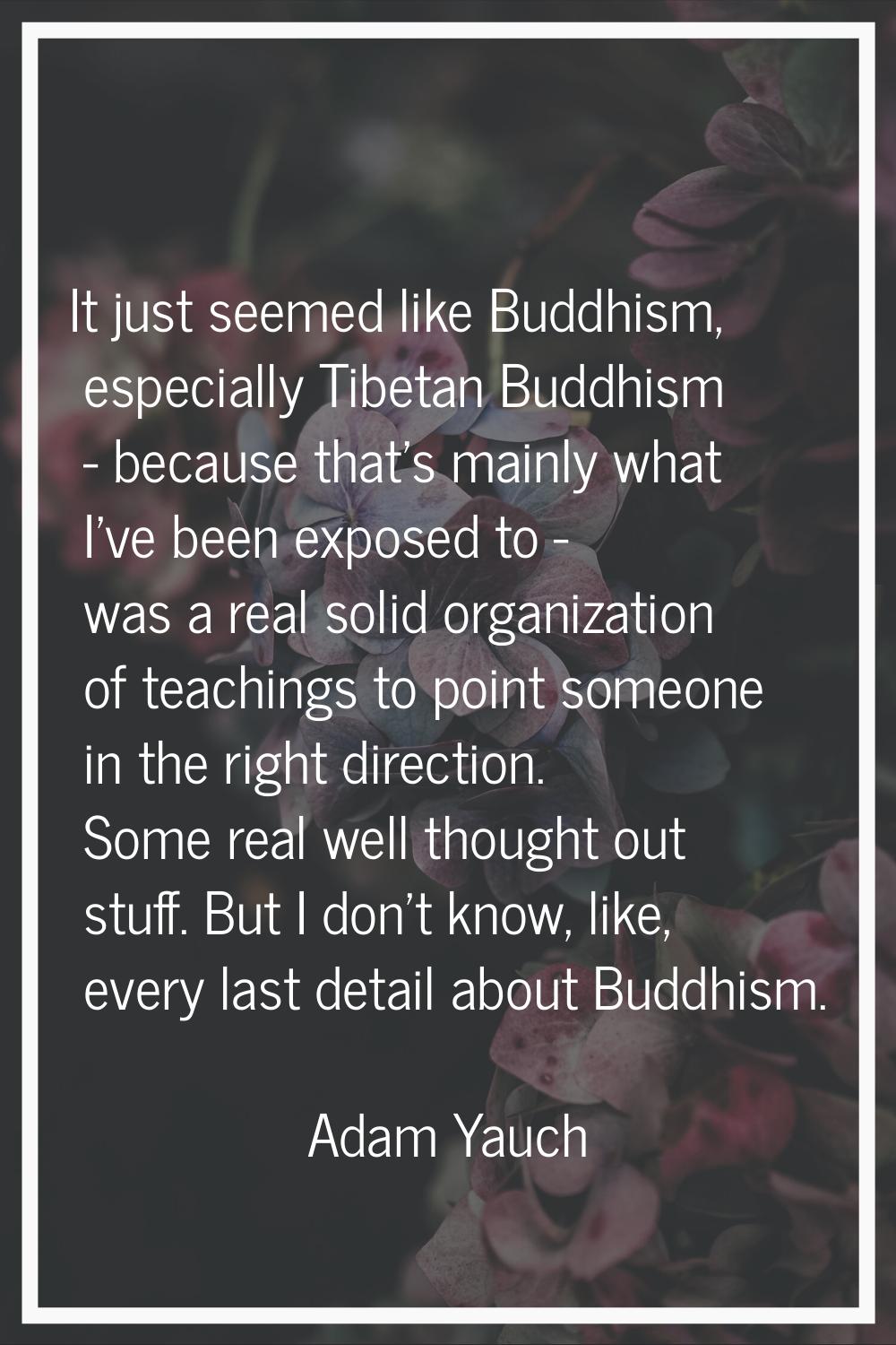 It just seemed like Buddhism, especially Tibetan Buddhism - because that's mainly what I've been ex