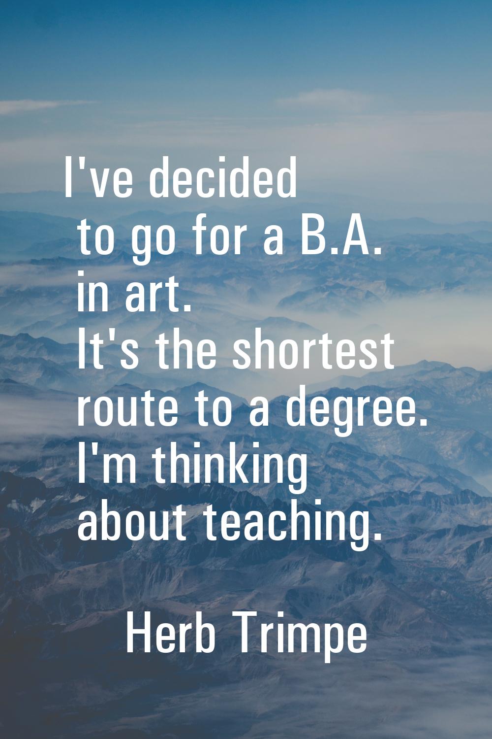 I've decided to go for a B.A. in art. It's the shortest route to a degree. I'm thinking about teach