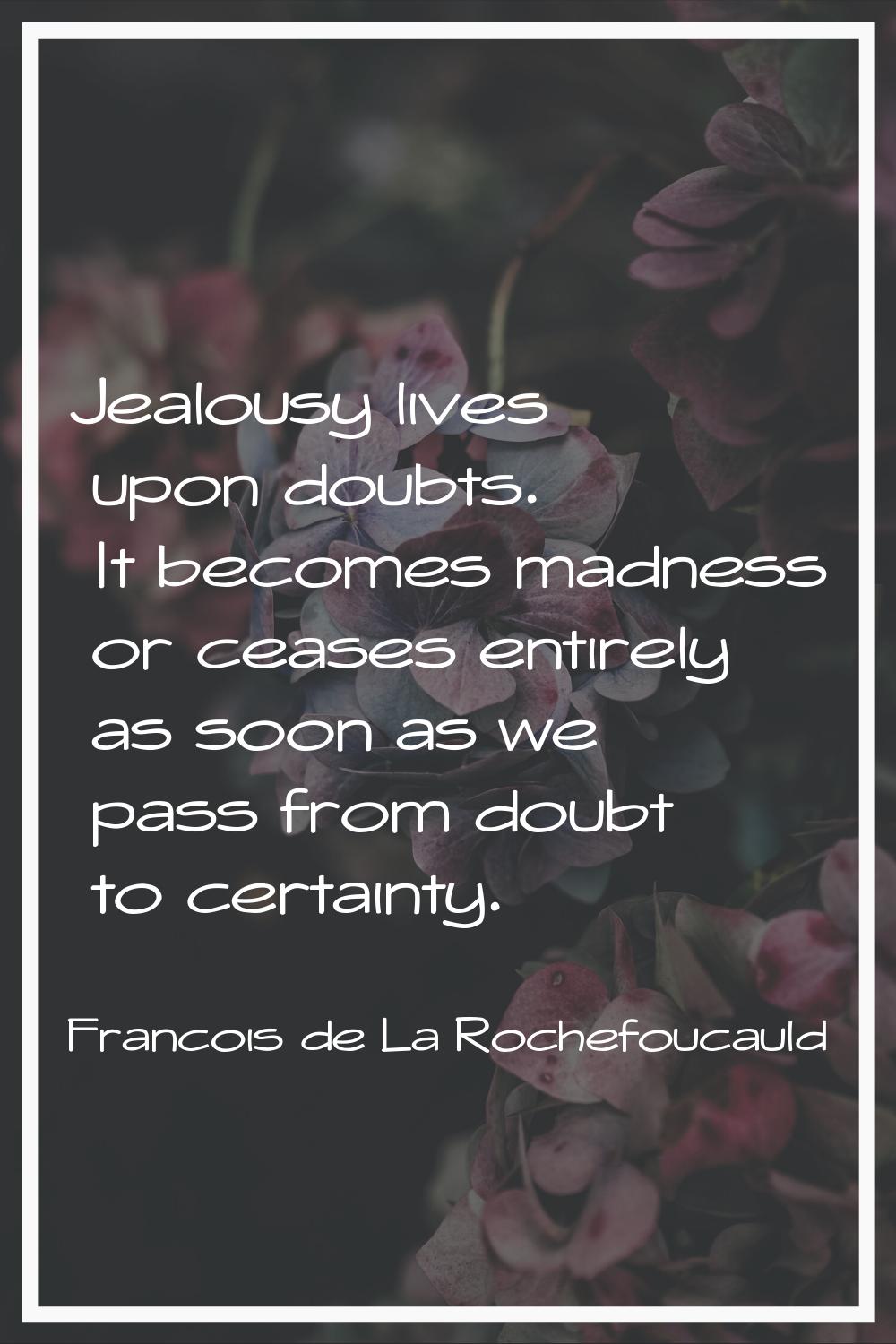 Jealousy lives upon doubts. It becomes madness or ceases entirely as soon as we pass from doubt to 