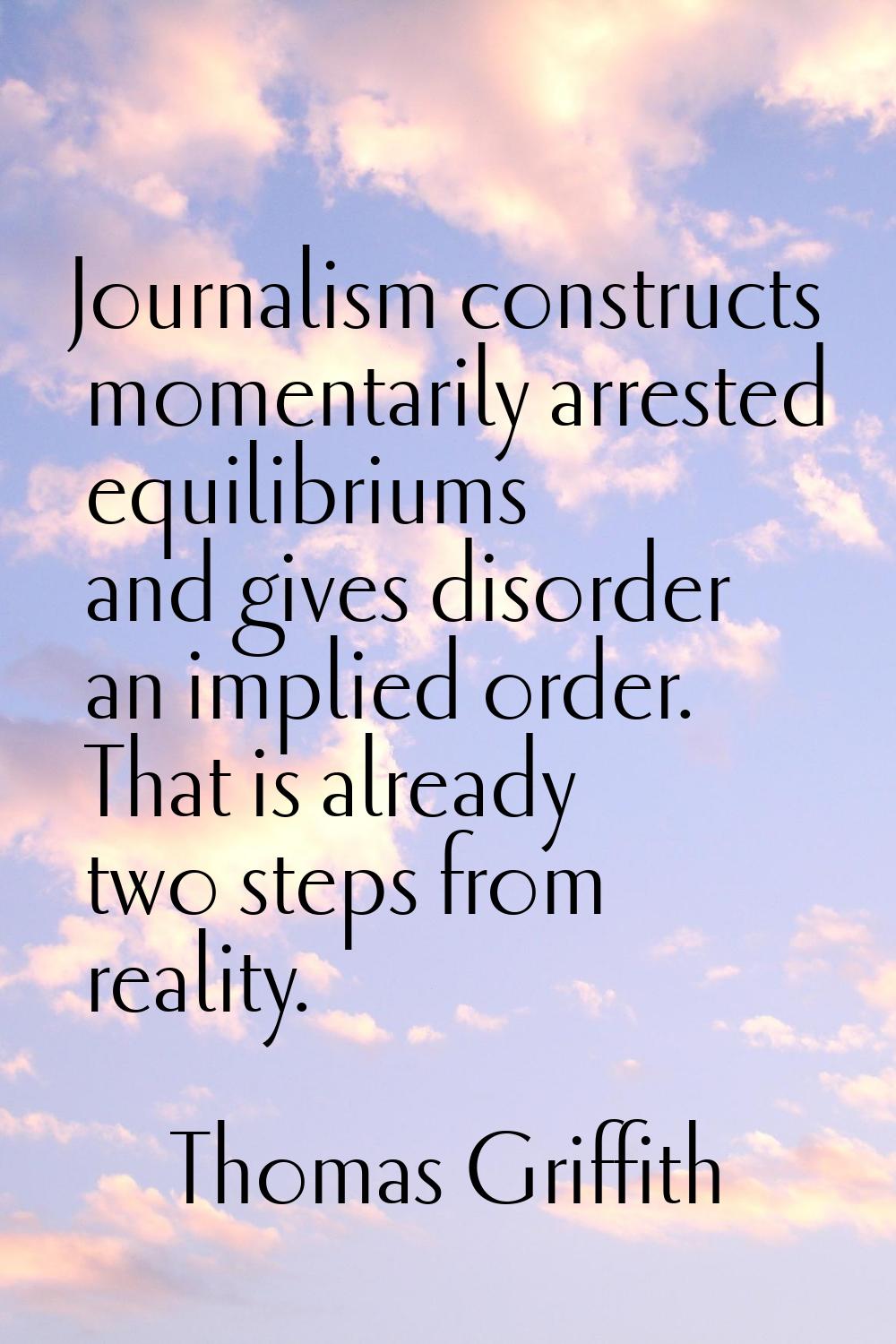 Journalism constructs momentarily arrested equilibriums and gives disorder an implied order. That i