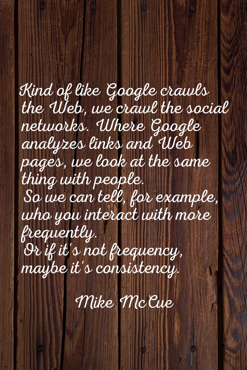 Kind of like Google crawls the Web, we crawl the social networks. Where Google analyzes links and W