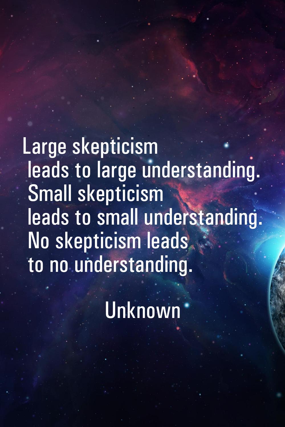 Large skepticism leads to large understanding. Small skepticism leads to small understanding. No sk