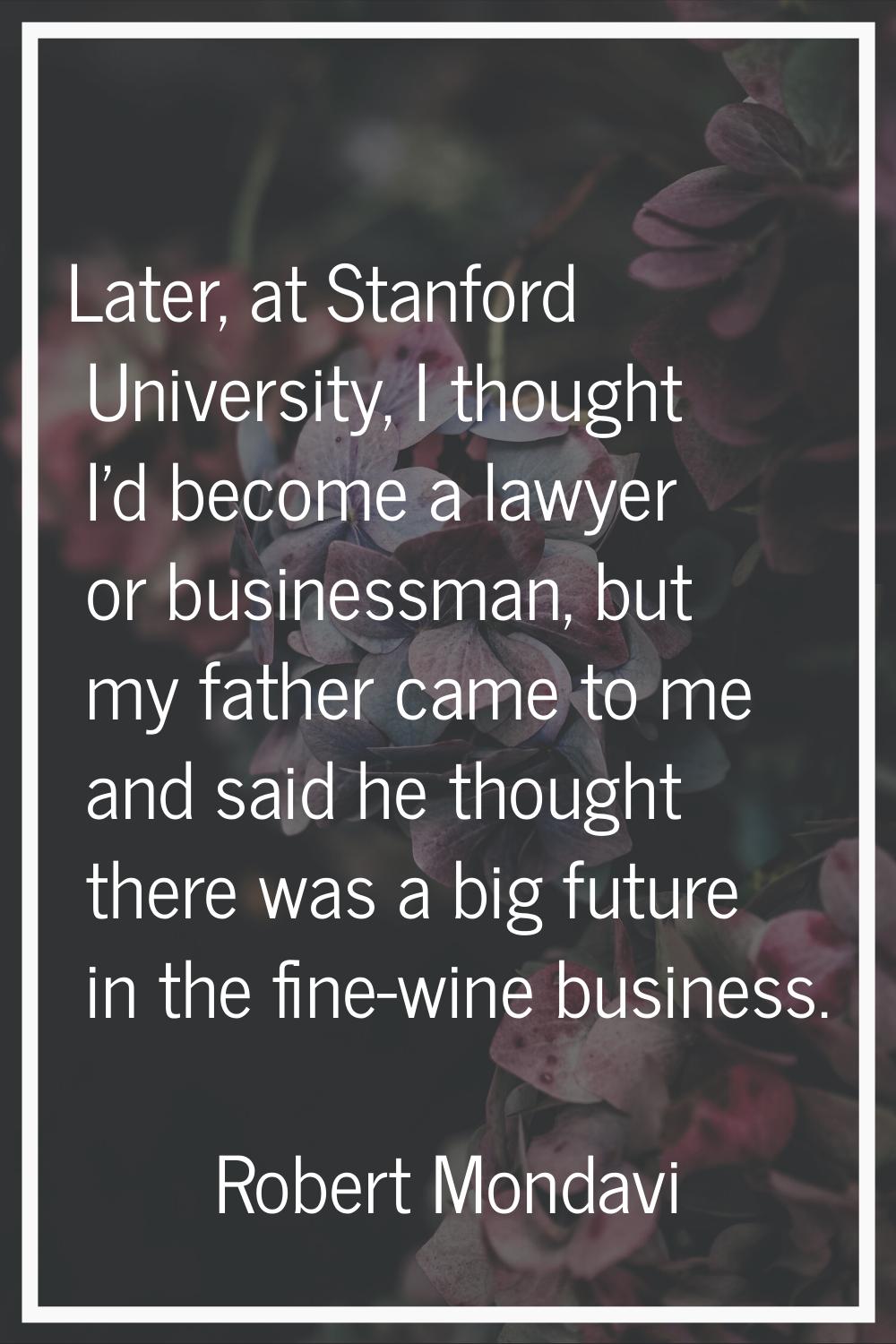 Later, at Stanford University, I thought I'd become a lawyer or businessman, but my father came to 