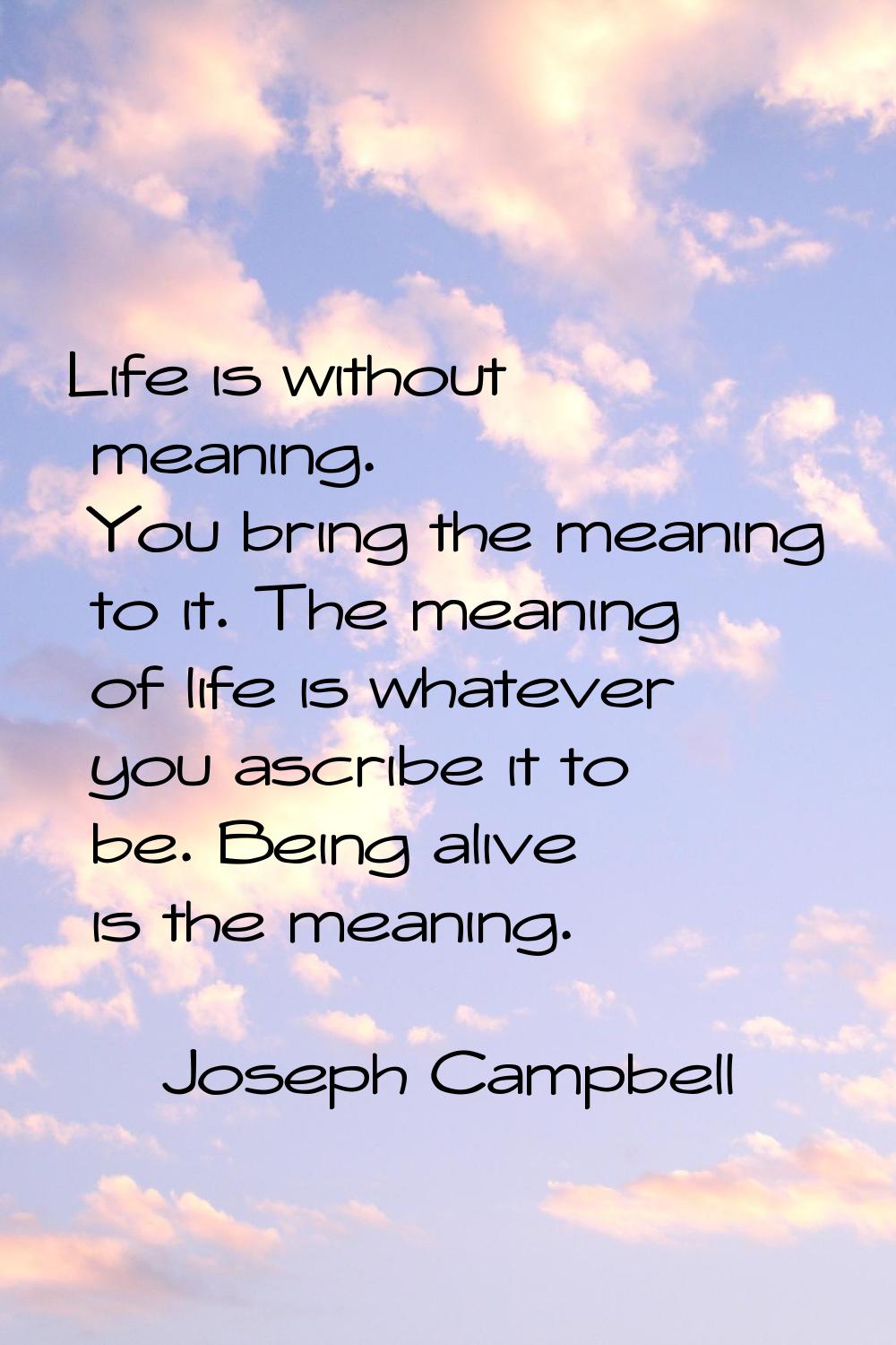 Life is without meaning. You bring the meaning to it. The meaning of life is whatever you ascribe i