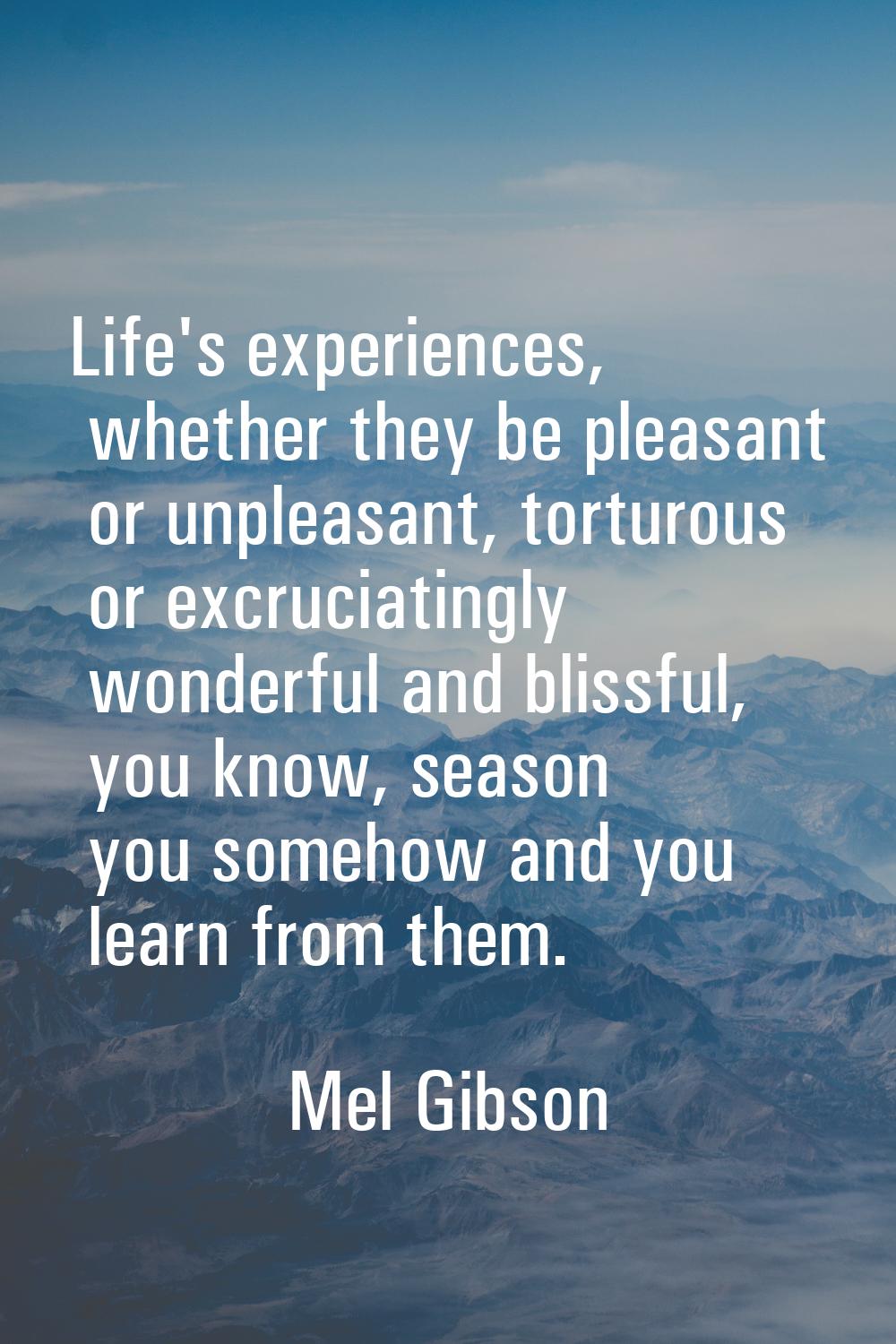 Life's experiences, whether they be pleasant or unpleasant, torturous or excruciatingly wonderful a