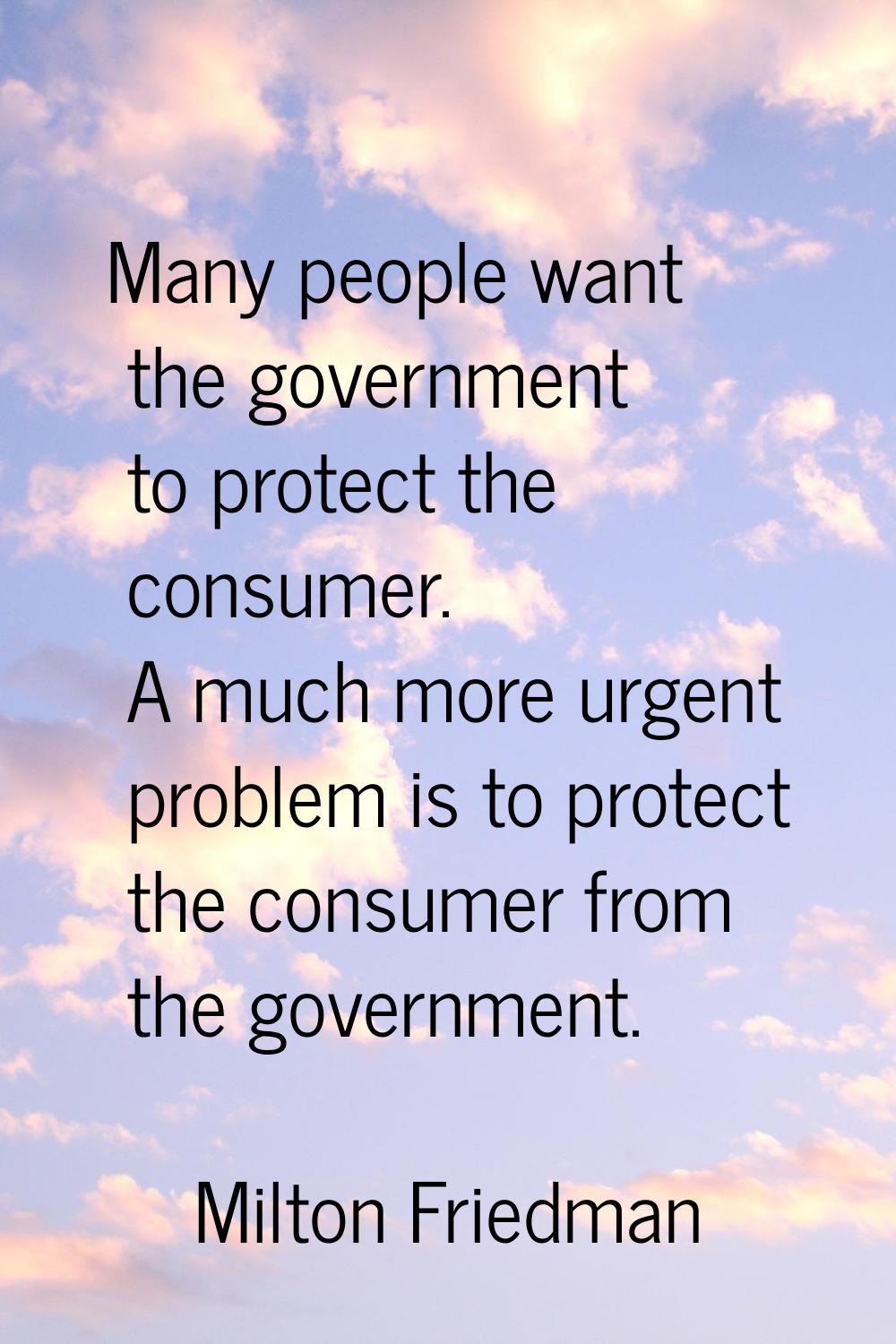 Many people want the government to protect the consumer. A much more urgent problem is to protect t