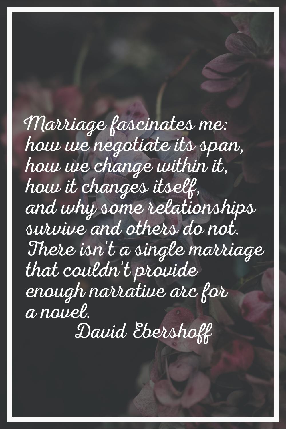 Marriage fascinates me: how we negotiate its span, how we change within it, how it changes itself, 