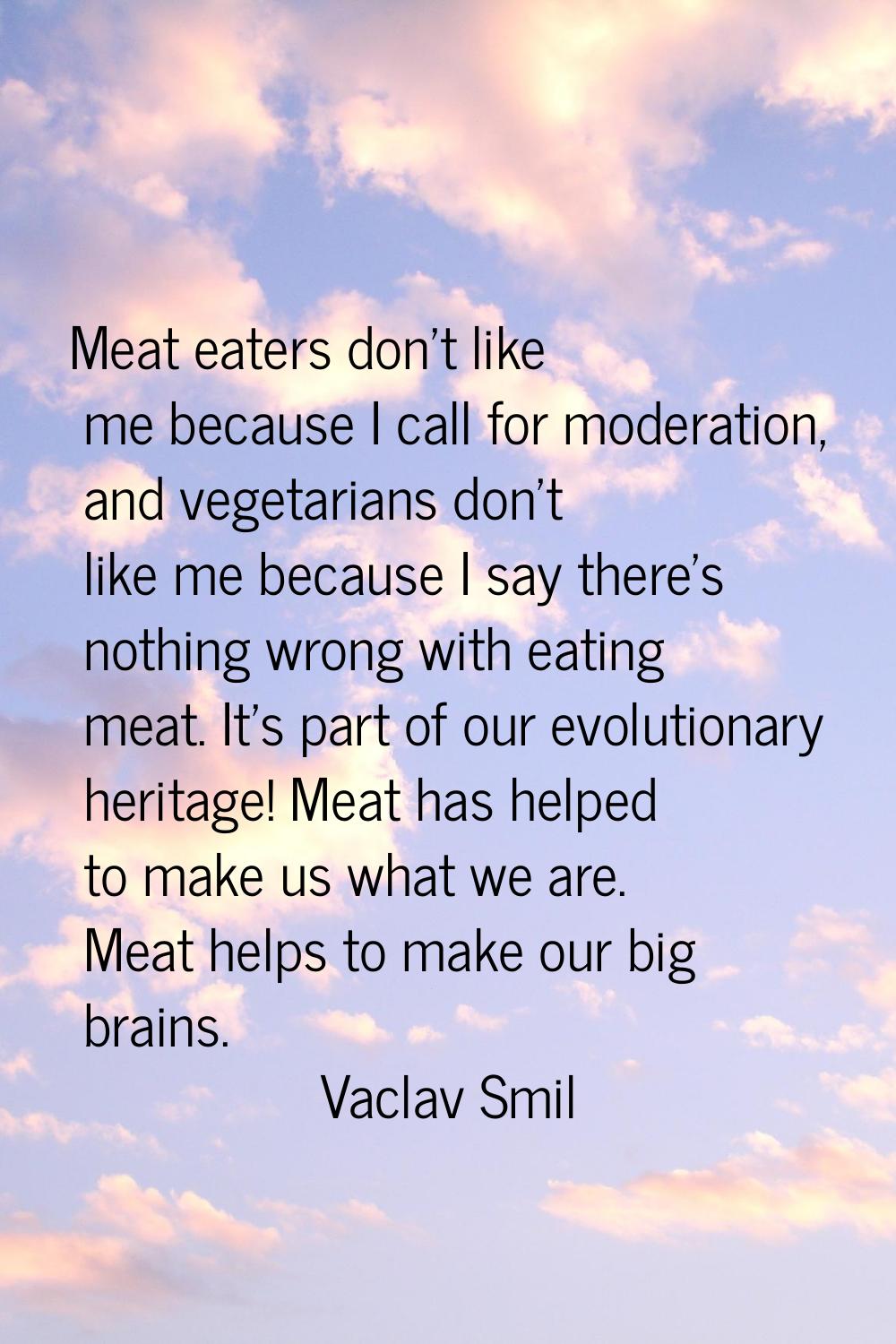 Meat eaters don't like me because I call for moderation, and vegetarians don't like me because I sa