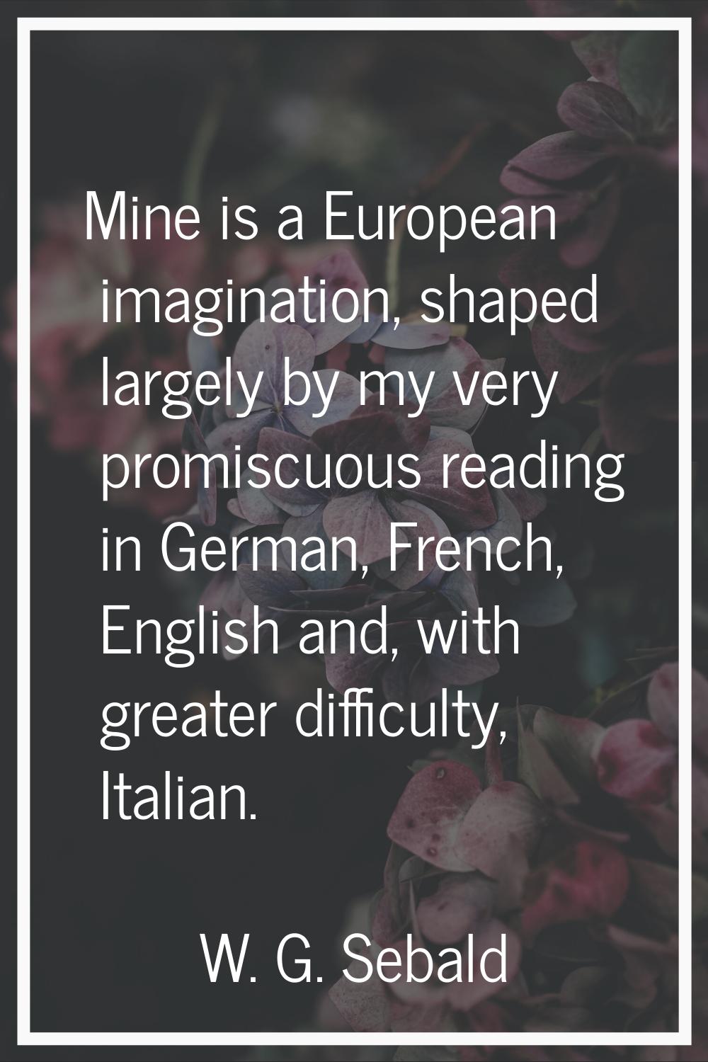 Mine is a European imagination, shaped largely by my very promiscuous reading in German, French, En