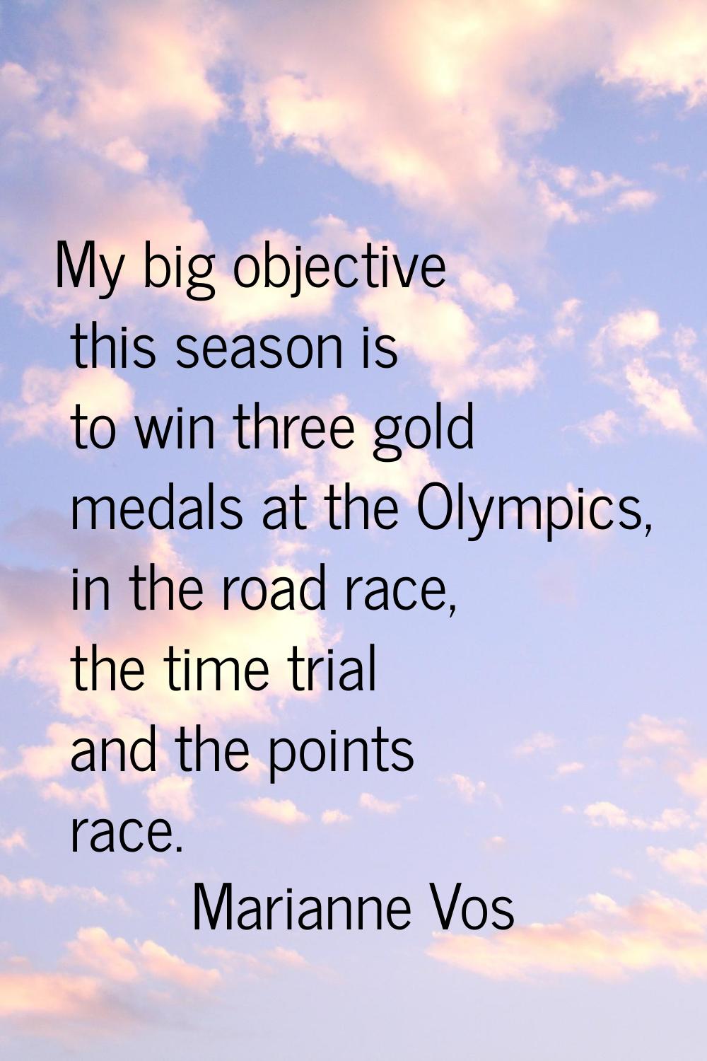 My big objective this season is to win three gold medals at the Olympics, in the road race, the tim