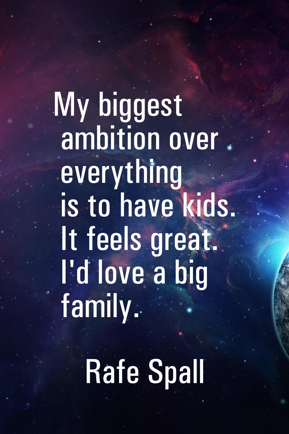 My biggest ambition over everything is to have kids. It feels great. I'd love a big family.
