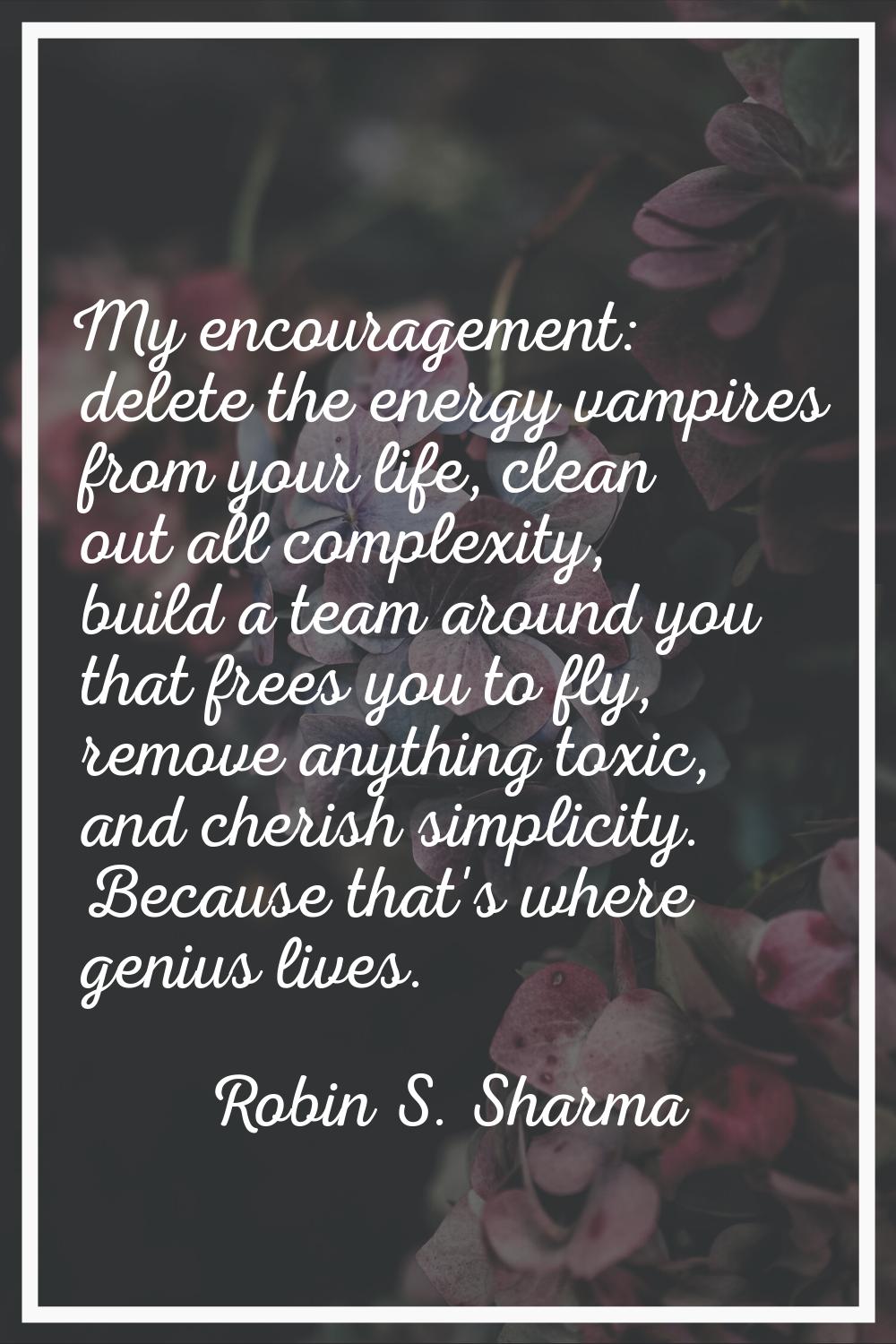 My encouragement: delete the energy vampires from your life, clean out all complexity, build a team