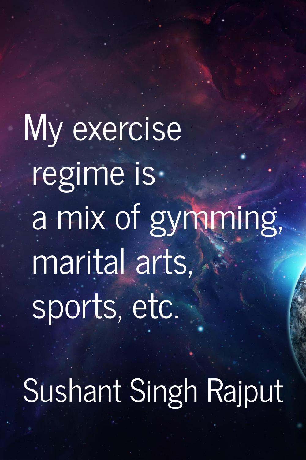 My exercise regime is a mix of gymming, marital arts, sports, etc.
