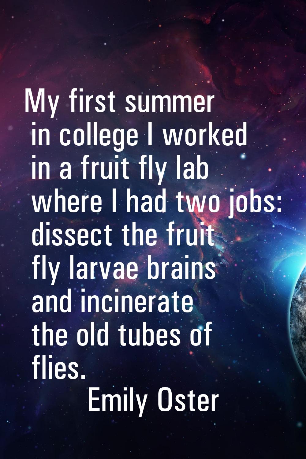 My first summer in college I worked in a fruit fly lab where I had two jobs: dissect the fruit fly 