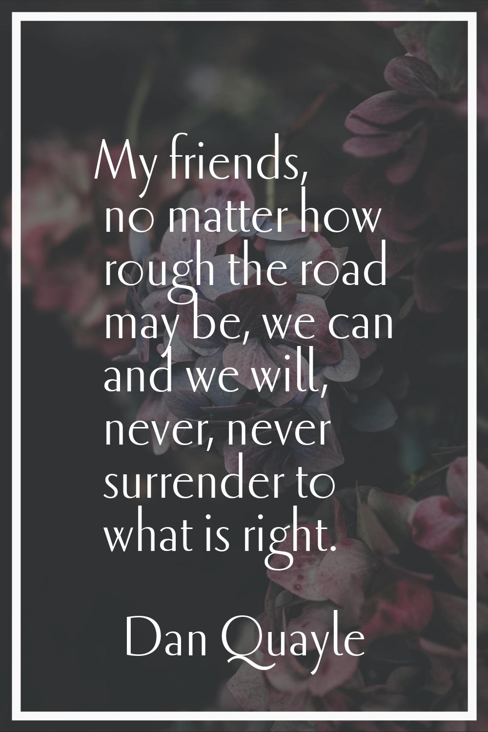 My friends, no matter how rough the road may be, we can and we will, never, never surrender to what