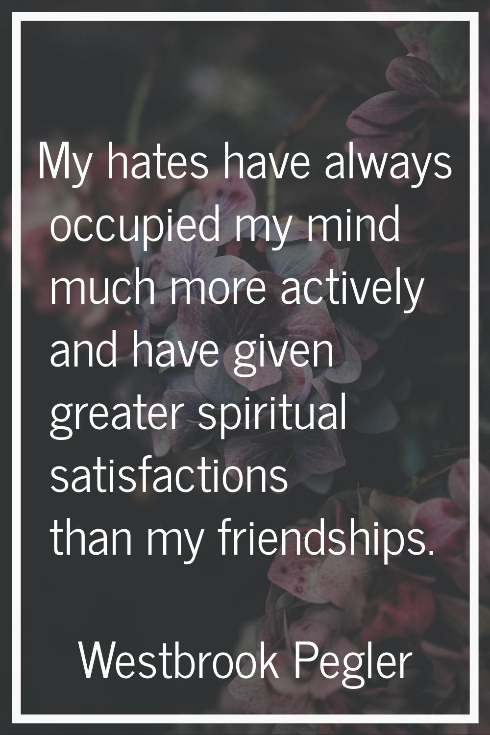 My hates have always occupied my mind much more actively and have given greater spiritual satisfact