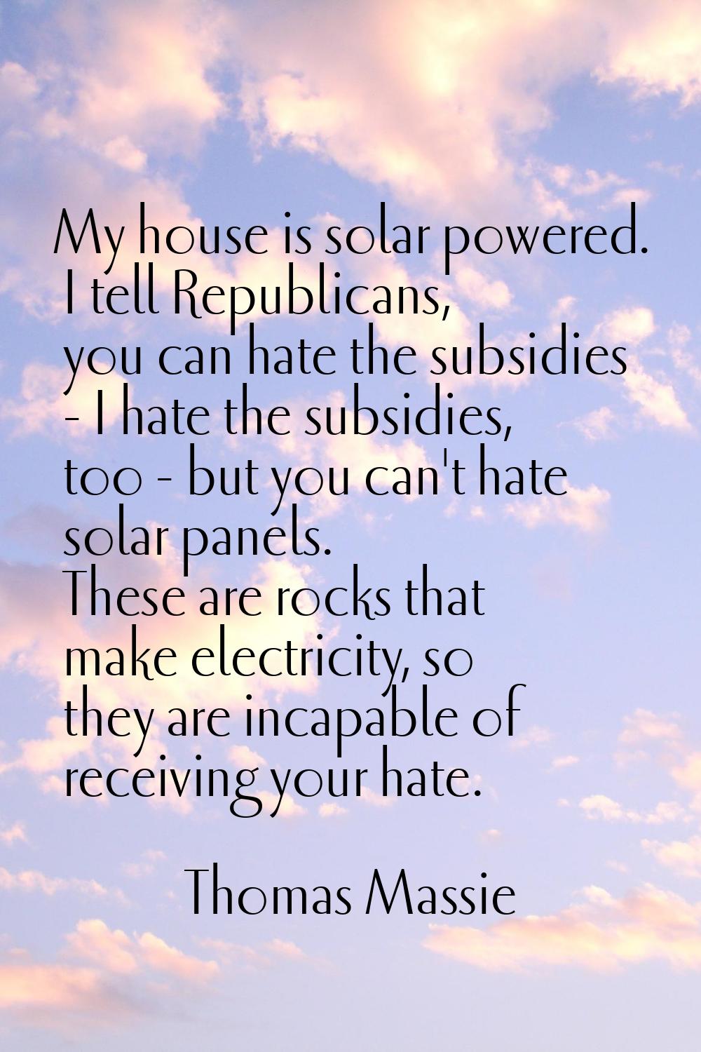 My house is solar powered. I tell Republicans, you can hate the subsidies - I hate the subsidies, t