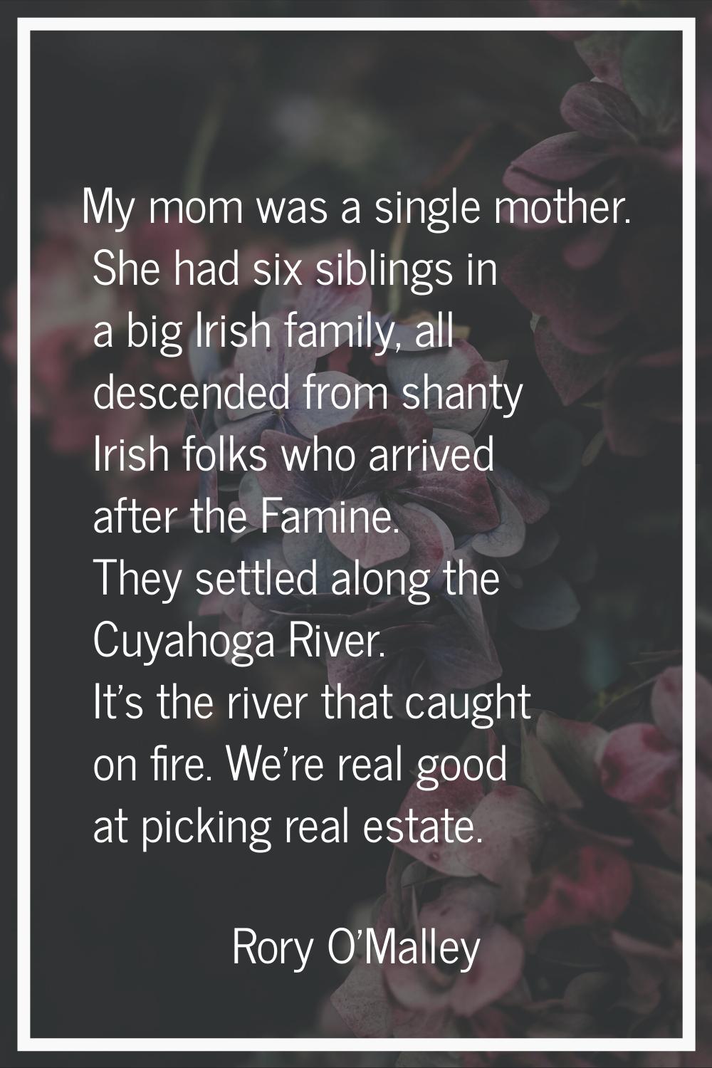 My mom was a single mother. She had six siblings in a big Irish family, all descended from shanty I