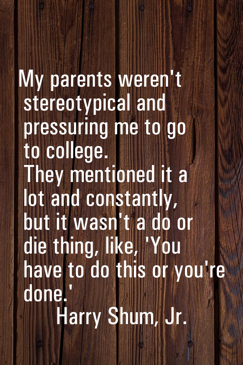 My parents weren't stereotypical and pressuring me to go to college. They mentioned it a lot and co