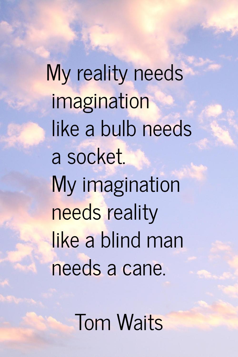 My reality needs imagination like a bulb needs a socket. My imagination needs reality like a blind 