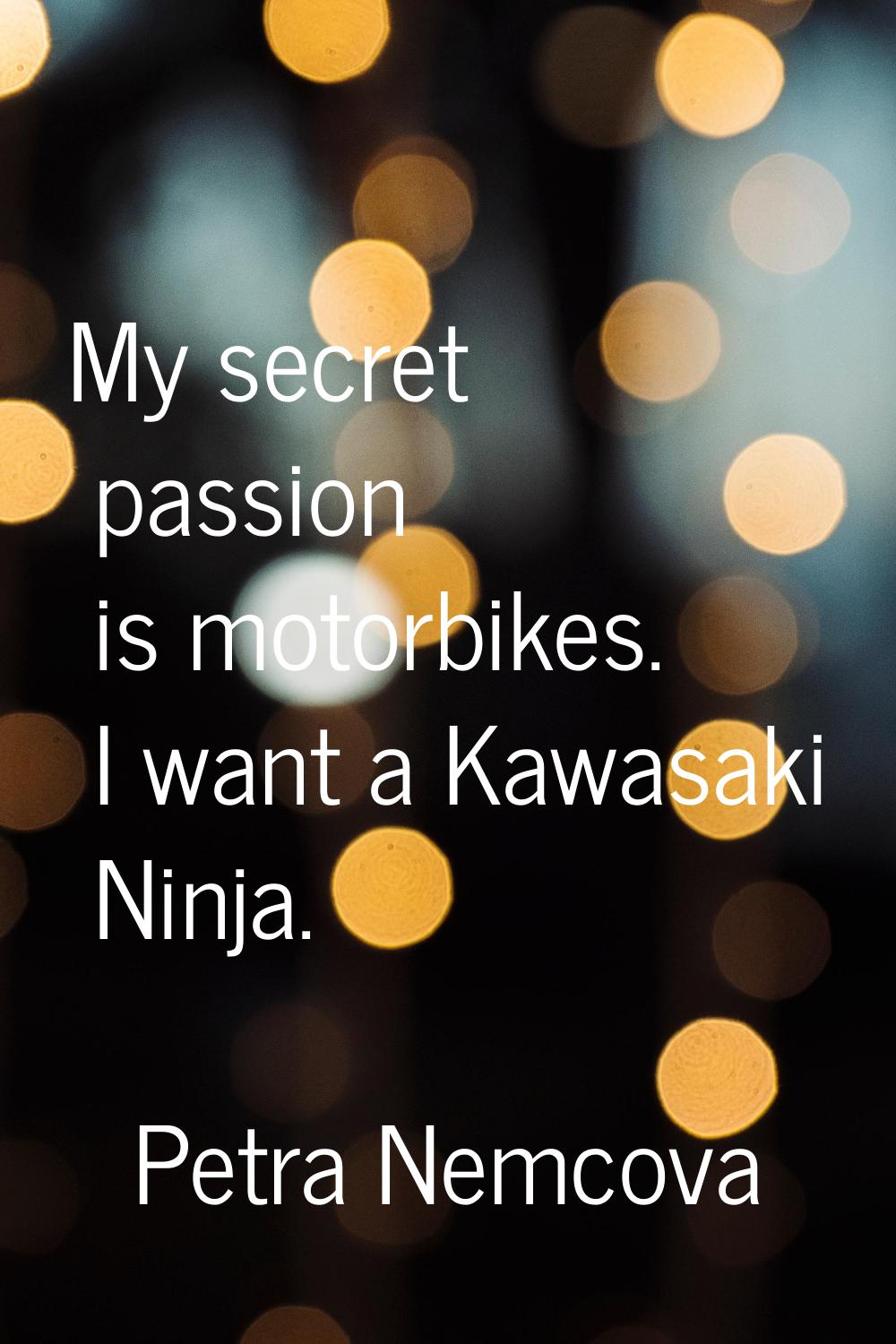 My secret passion is motorbikes. I want a Kawasaki Ninja.