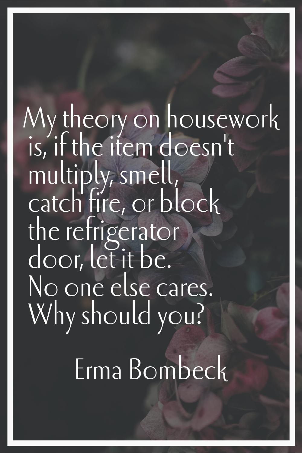 My theory on housework is, if the item doesn't multiply, smell, catch fire, or block the refrigerat