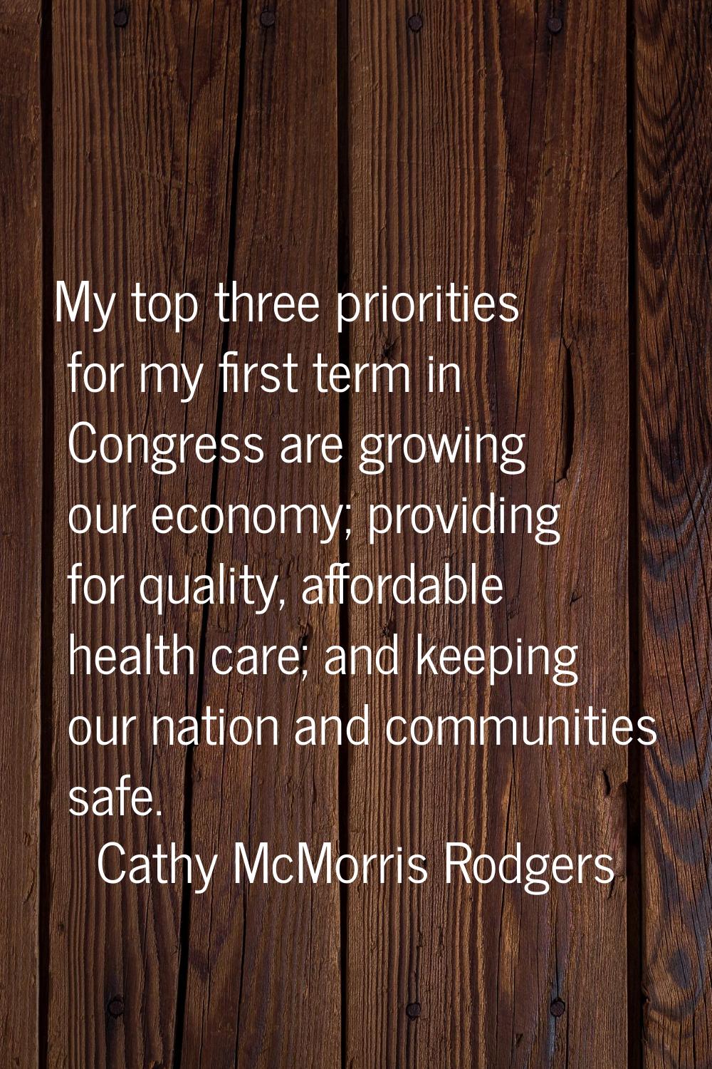 My top three priorities for my first term in Congress are growing our economy; providing for qualit