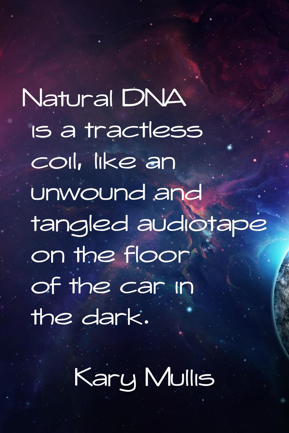 Natural DNA is a tractless coil, like an unwound and tangled audiotape on the floor of the car in t