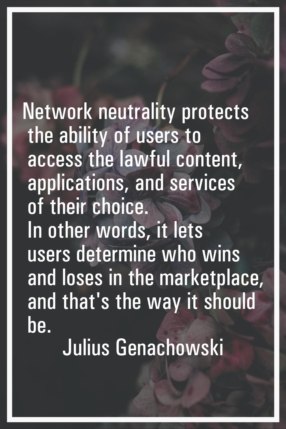 Network neutrality protects the ability of users to access the lawful content, applications, and se
