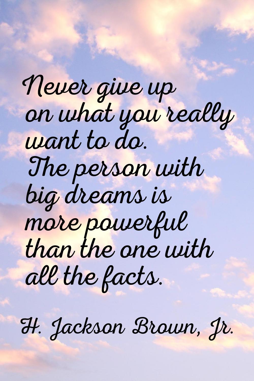 Never give up on what you really want to do. The person with big dreams is more powerful than the o
