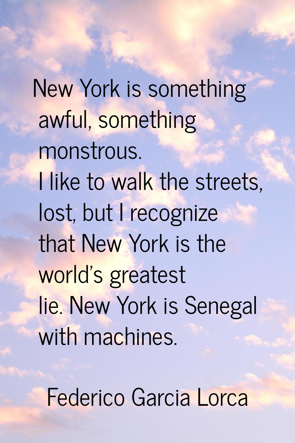 New York is something awful, something monstrous. I like to walk the streets, lost, but I recognize