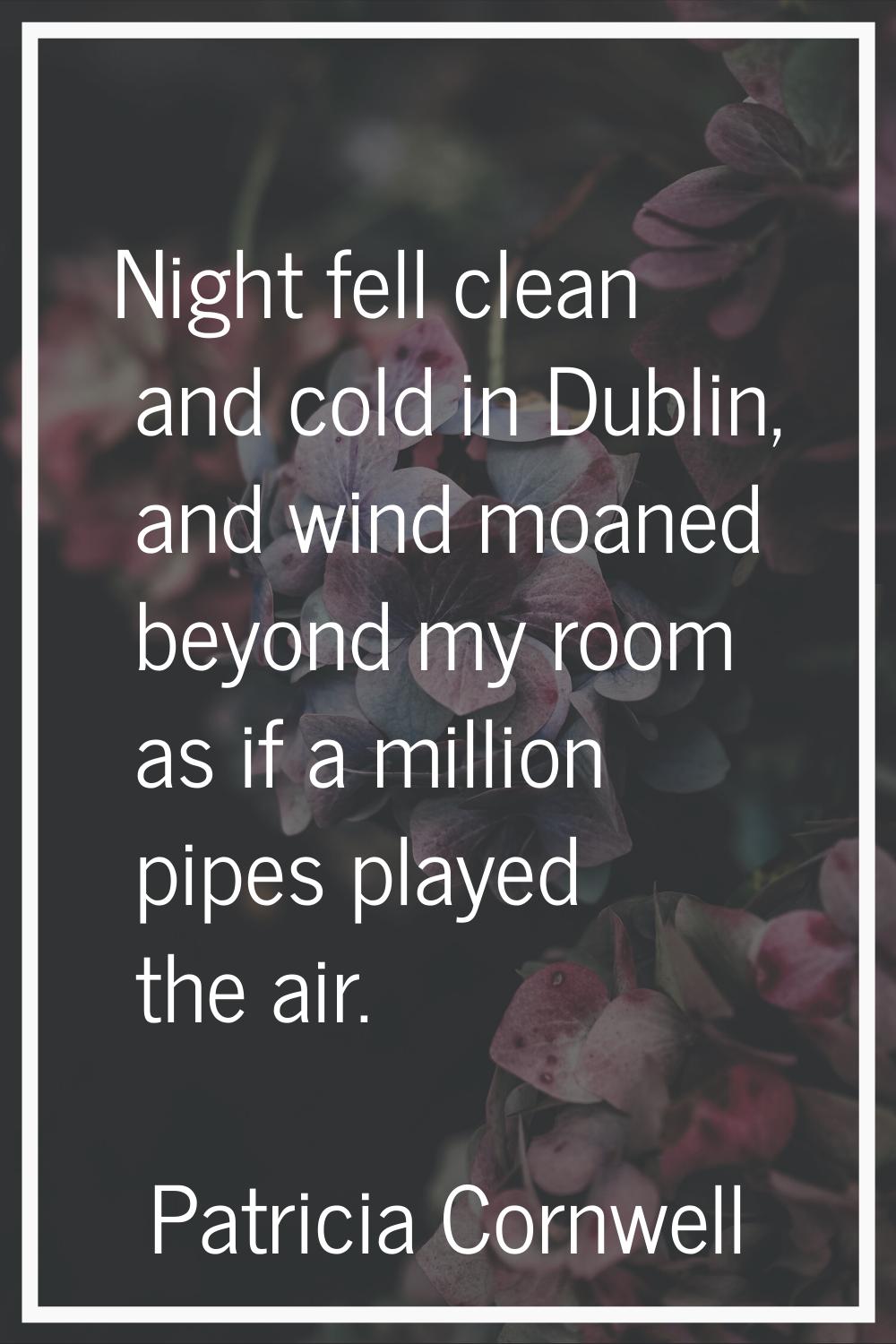 Night fell clean and cold in Dublin, and wind moaned beyond my room as if a million pipes played th