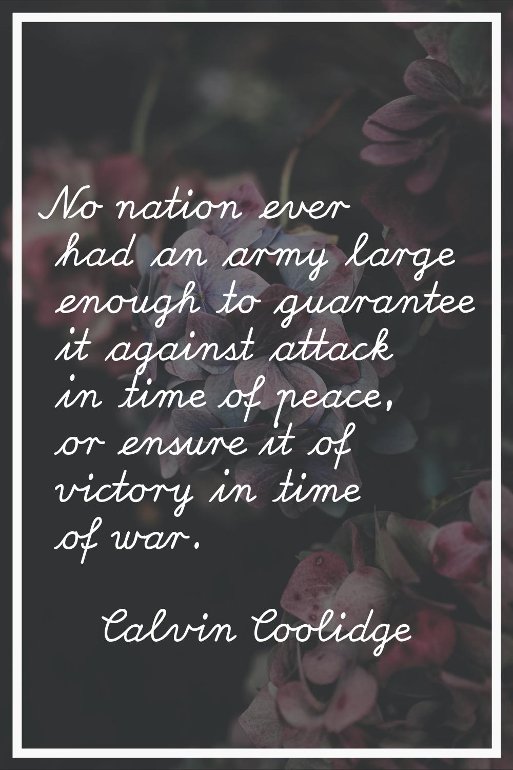No nation ever had an army large enough to guarantee it against attack in time of peace, or ensure 