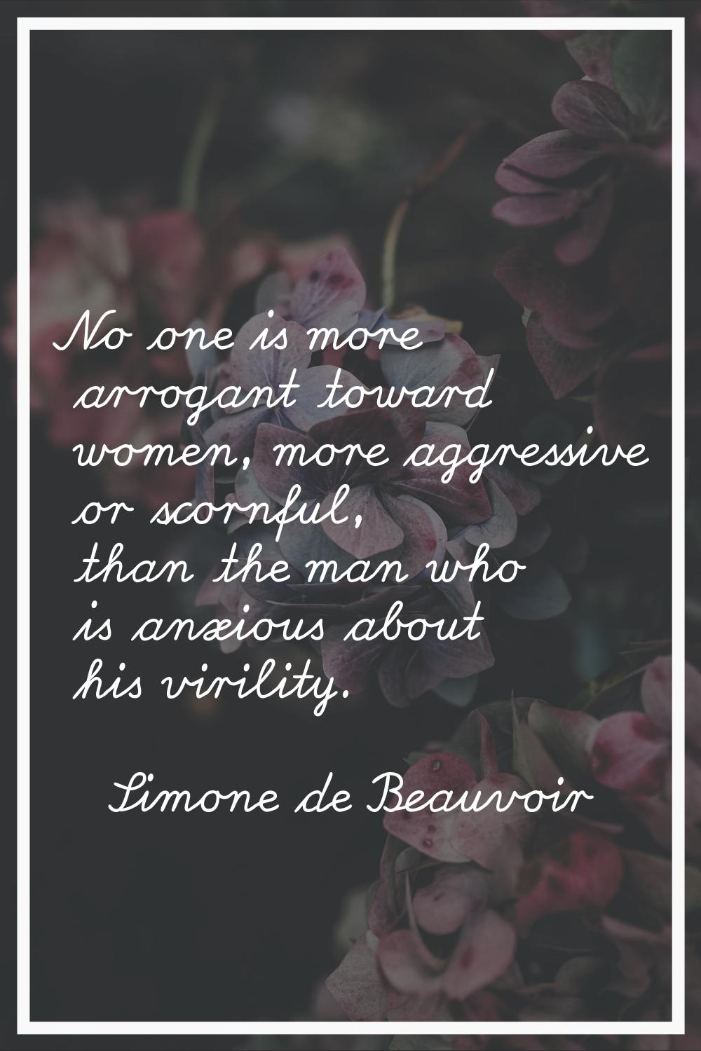 No one is more arrogant toward women, more aggressive or scornful, than the man who is anxious abou