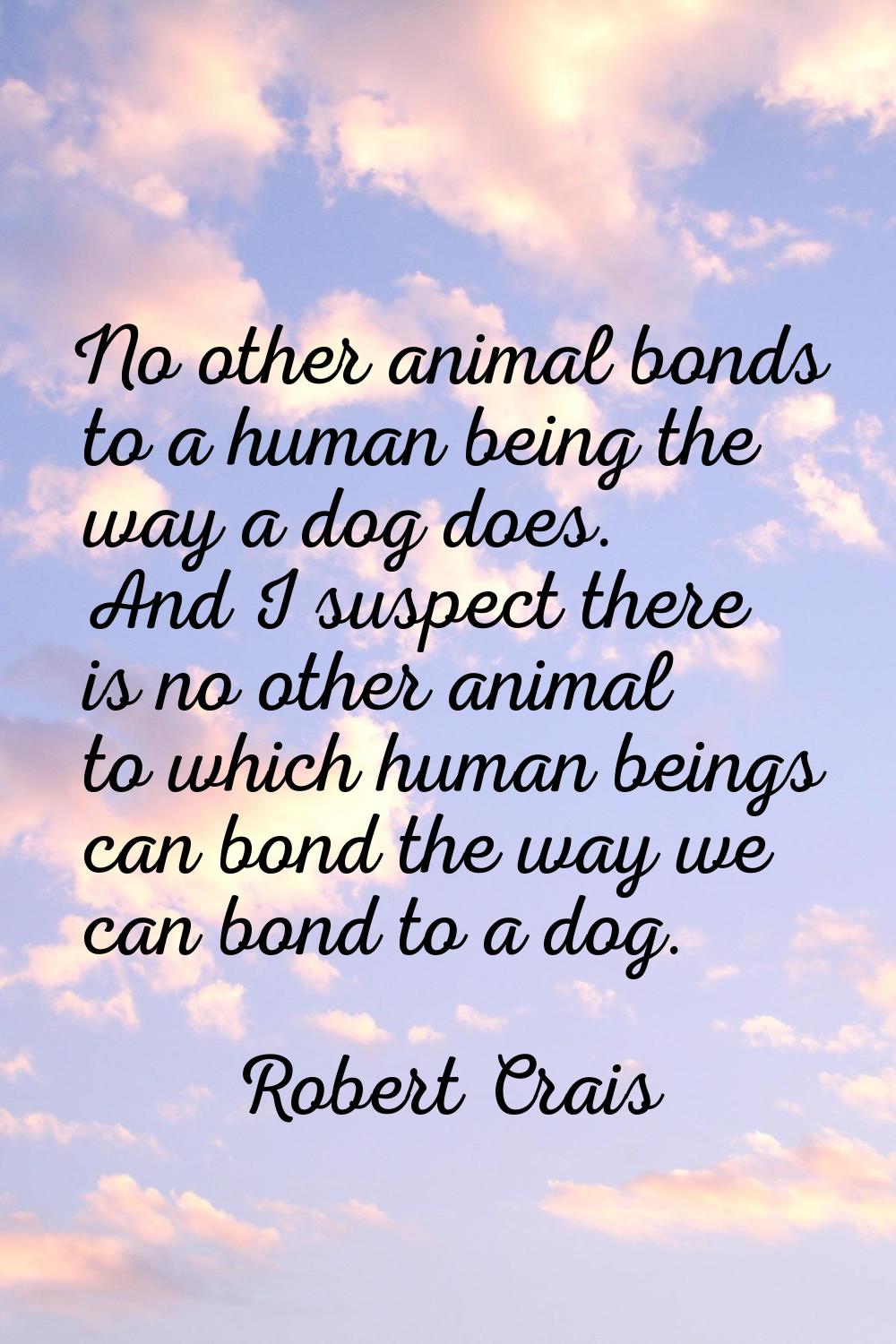 No other animal bonds to a human being the way a dog does. And I suspect there is no other animal t
