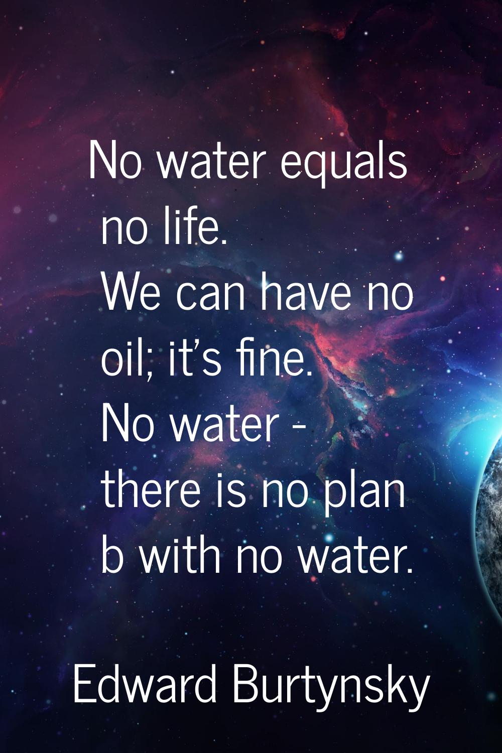 No water equals no life. We can have no oil; it's fine. No water - there is no plan b with no water
