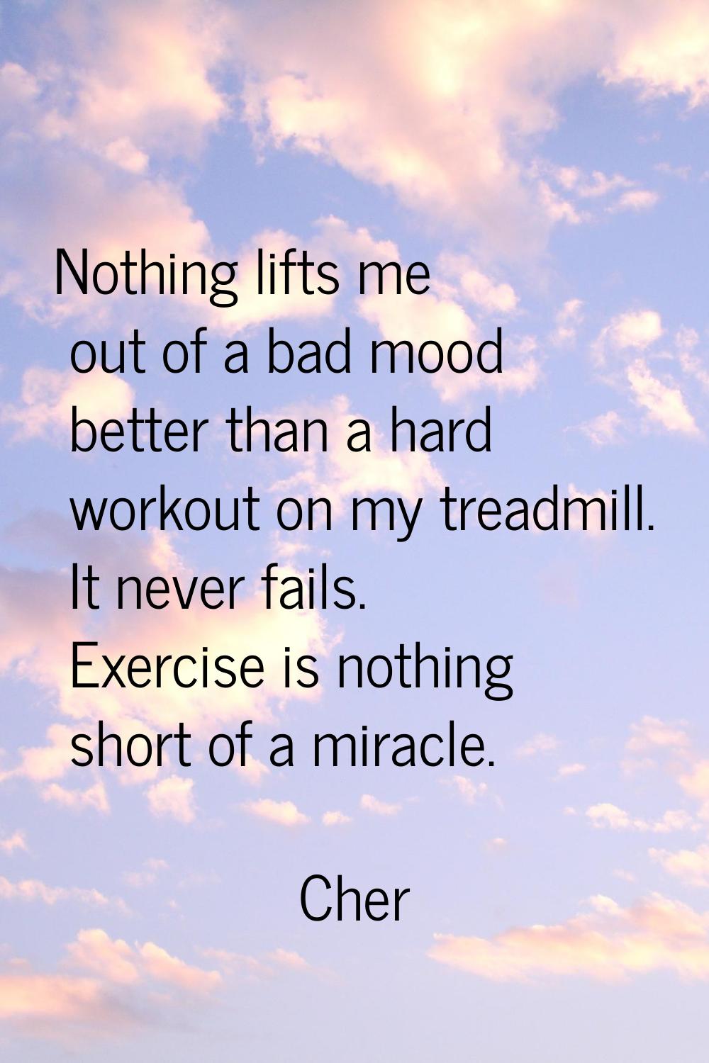 Nothing lifts me out of a bad mood better than a hard workout on my treadmill. It never fails. Exer