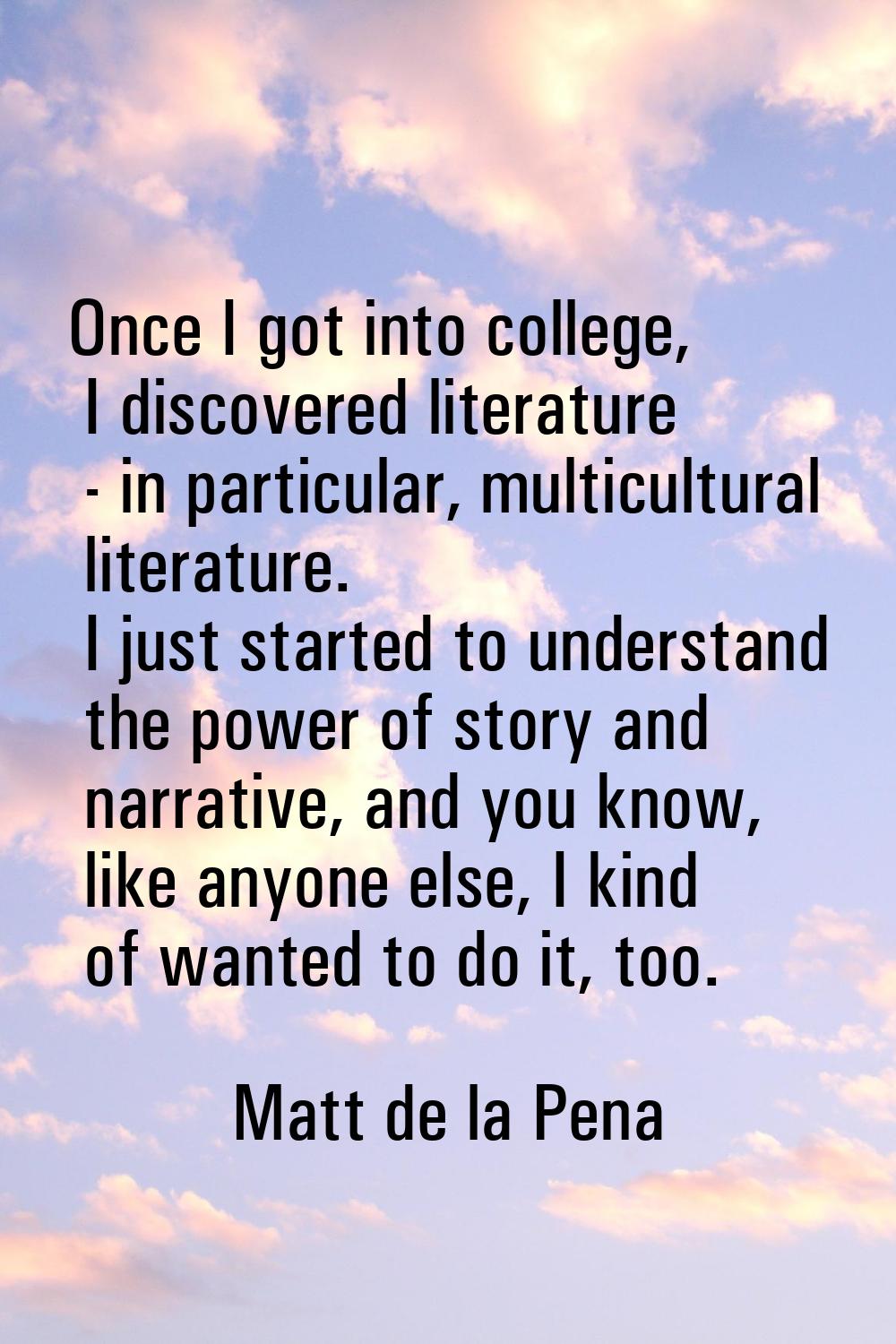 Once I got into college, I discovered literature - in particular, multicultural literature. I just 
