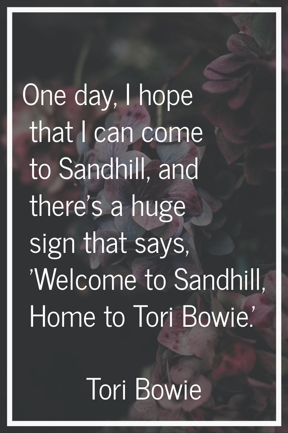 One day, I hope that I can come to Sandhill, and there's a huge sign that says, 'Welcome to Sandhil