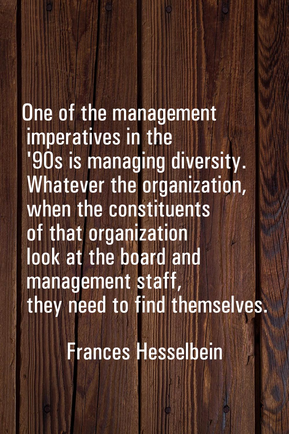 One of the management imperatives in the '90s is managing diversity. Whatever the organization, whe