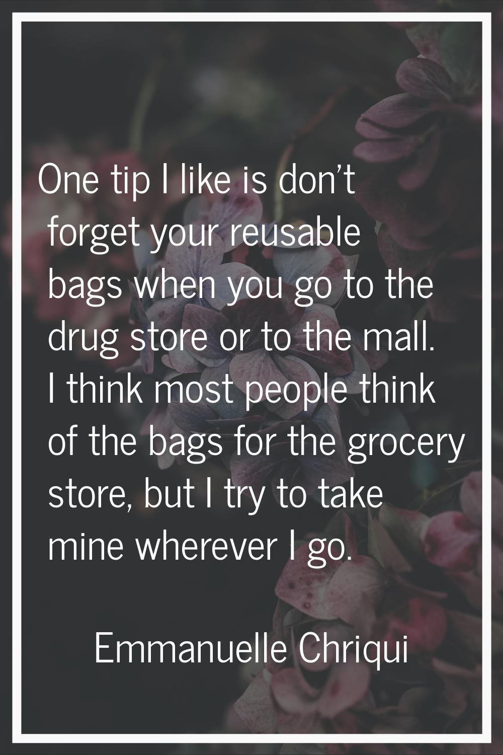 One tip I like is don't forget your reusable bags when you go to the drug store or to the mall. I t