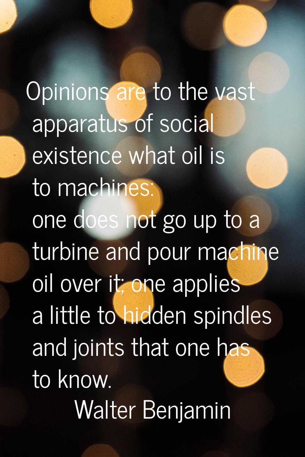 Opinions are to the vast apparatus of social existence what oil is to machines: one does not go up 