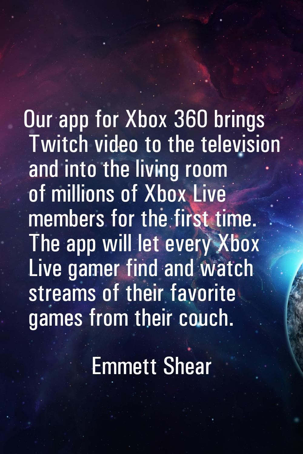 Our app for Xbox 360 brings Twitch video to the television and into the living room of millions of 